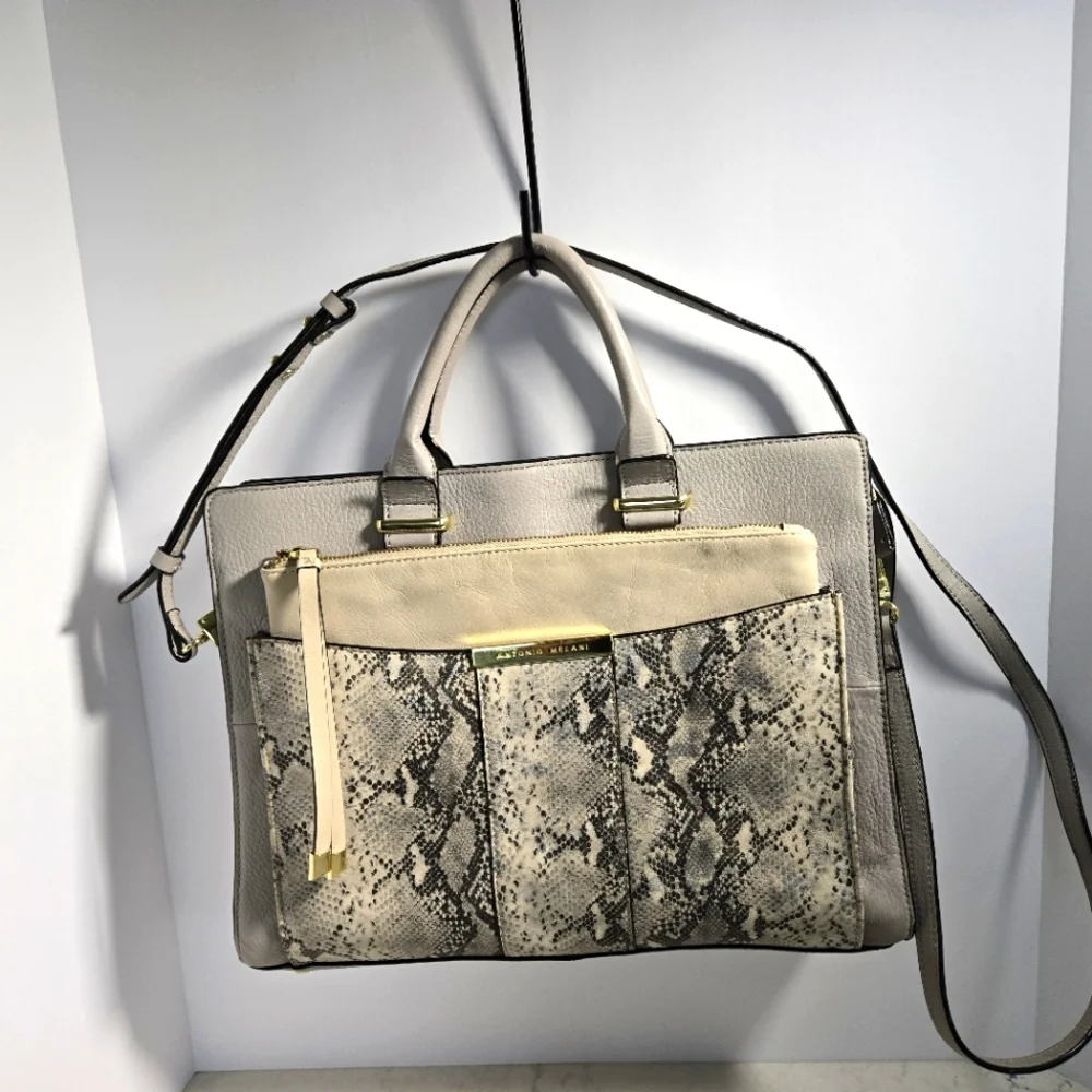 Antonio Melani Leather Laptop Tote Purse in Snakeskin Print & Matching Clutch